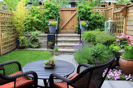Patio & enclosed yard with wooden fence